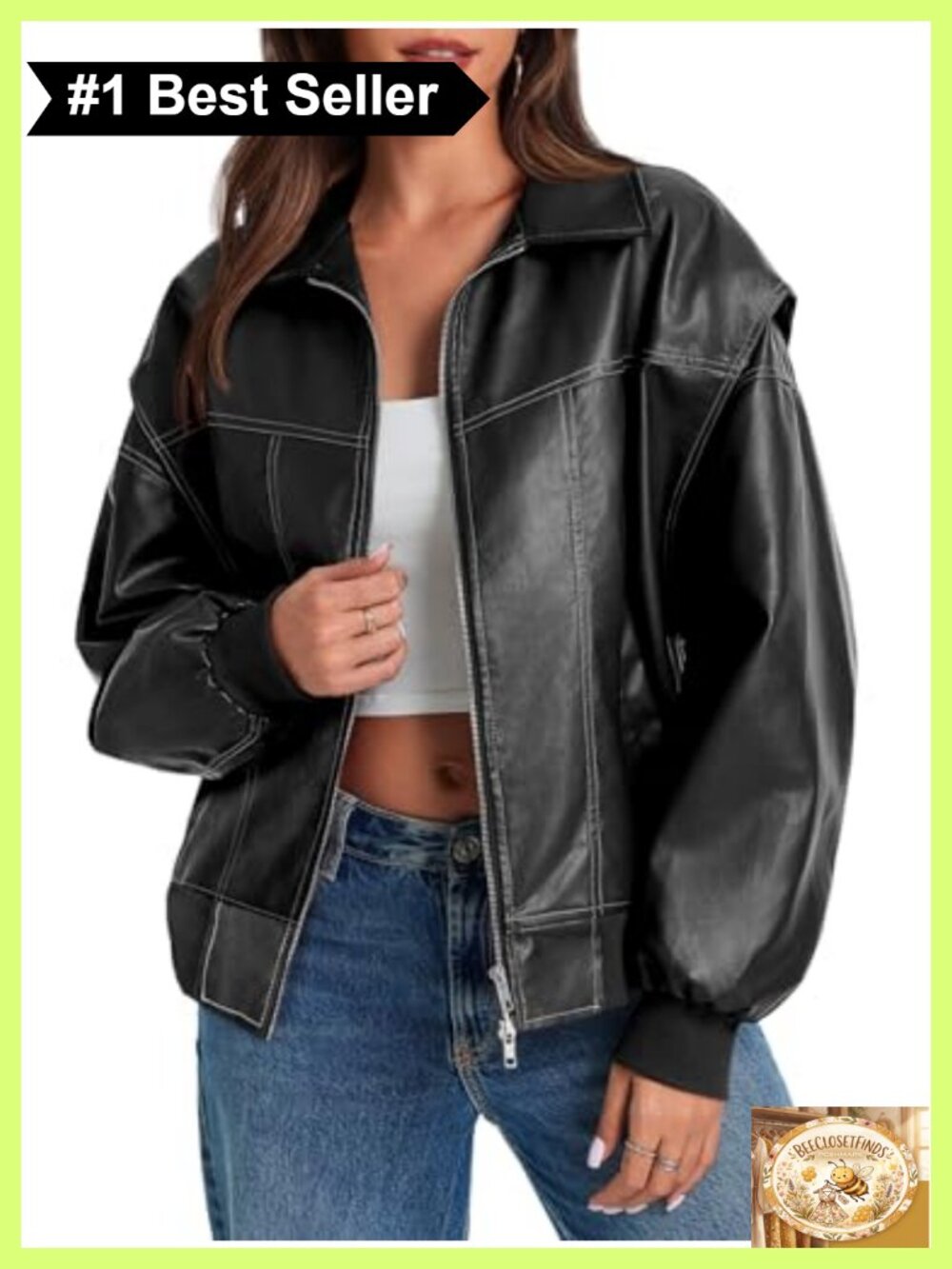 Oversized Faux Leather Bomber Jacket Zip Up Moto Biker Coat